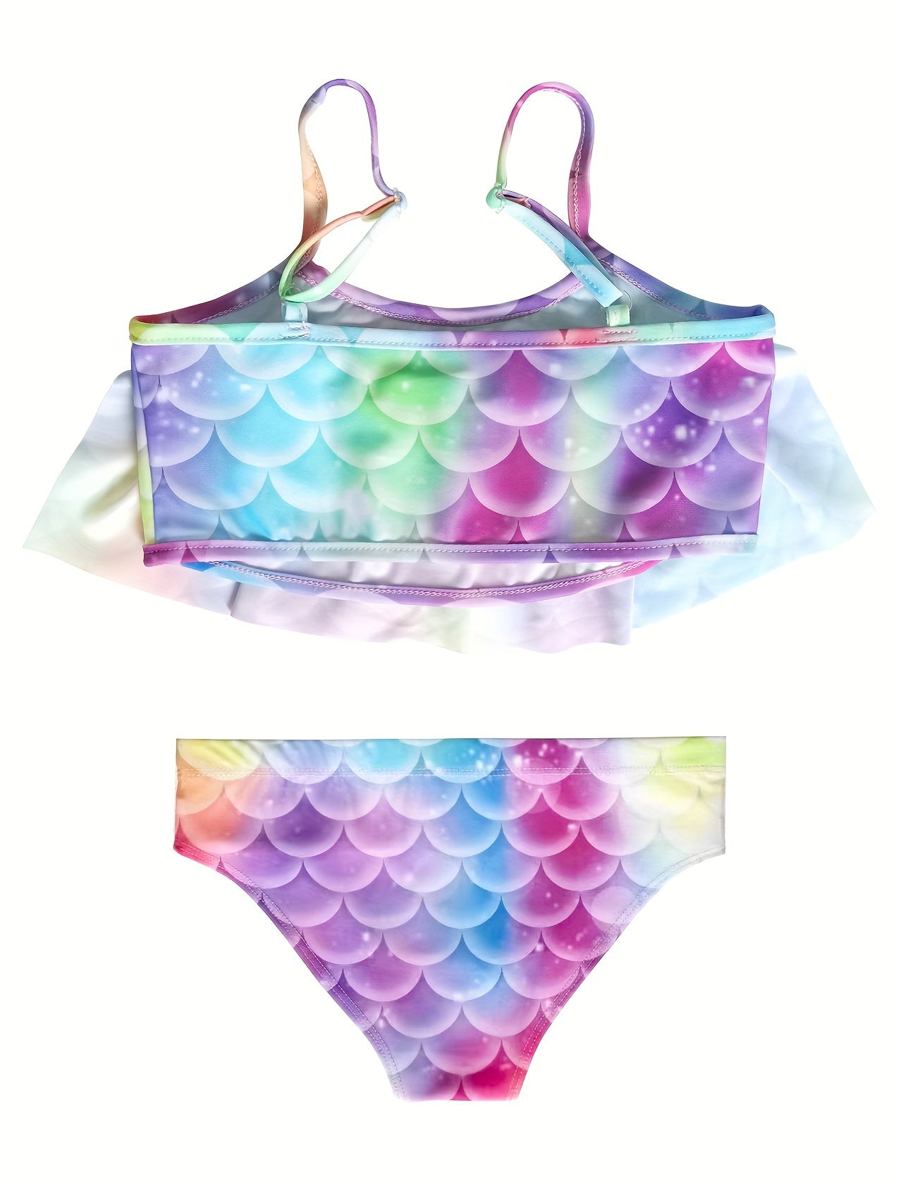 3PCS/Set Mermaid Outfit - Vibrant Allover Mermaid Scales Pattern Print, Fashionable and Trendy Ruffle Trim Tankini, Magical Mermaid Tail Clothing - Designed for Girls, Perfect for Summer Beach Trips and Pool Parties