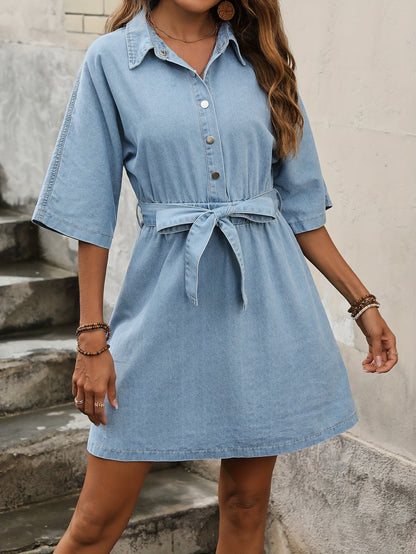 Women's Elegant Denim Dress With Belt, Half Sleeves, Button-Down, Casual Jean Dress For Summer Outings