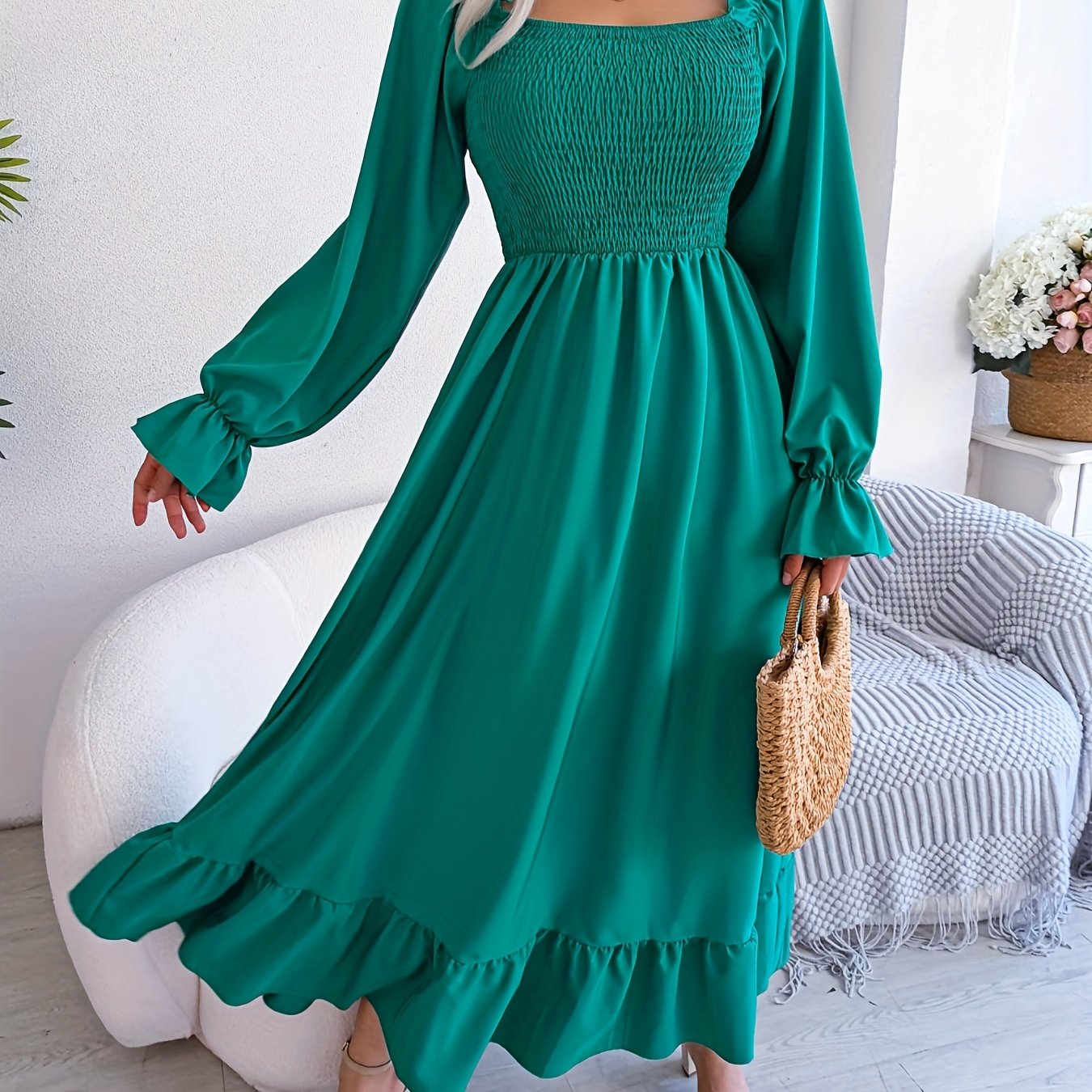 Bold Solid Squared Neck Lantern Sleeve Maxi Dress - Fashionable High Waist, Backless & Ruffled Hem - Alluring Casual Style for Women - Long, Flowing & Versatile