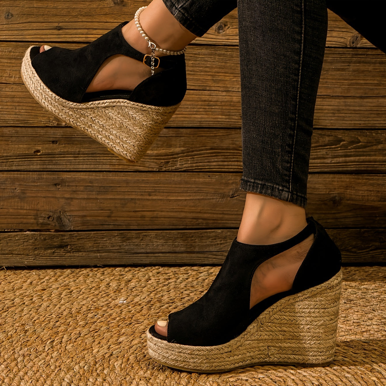 Chic Espadrille Wedge Sandals - Stylish Peep Toe with Cut-out Detail, Adjustable Buckle Strap, Stiletto Heels, and Comfortable Platform - Perfect Trendy Footwear for Your Summer Holiday