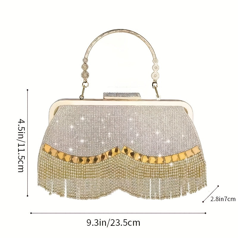 All Over Glitter Rhinestone Decor Handbag, Tassel Decor Satchel Bag, Women's Elegant Evening Bag For Party For Carnaval Use And Music Festival