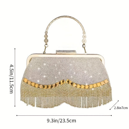 All Over Glitter Rhinestone Decor Handbag, Tassel Decor Satchel Bag, Women's Elegant Evening Bag For Party For Carnaval Use And Music Festival