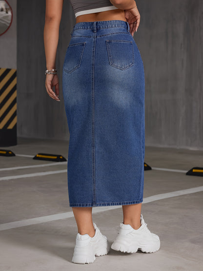 Womens Fashionable Blue Denim Skirt - Timeless Plain Washed Effect, Flattering Slit Hem Design, Midi Length for Versatility, Made from Comfortable Casual Jean Material - Designed for the Modern Woman, Inspired by Street Style Fashion