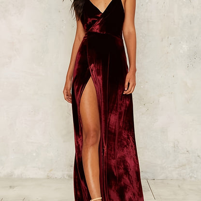 Chic Solid Color Spaghetti Strap Maxi Dress - Flattering Deep V-Neck, Seductive Thigh Split - Trendy Y2K Style for Women
