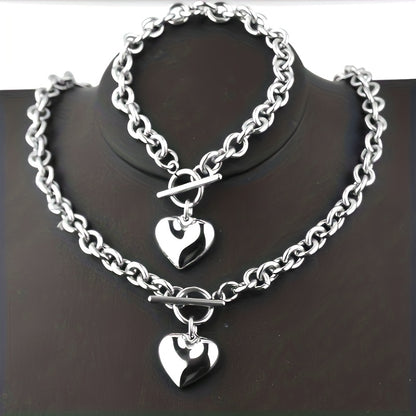 2pcs/set Exquisite Titanium Steel Peach Heart Shaped Necklace and O-Chain Bracelet Set for Men and Women - Silver Plated, Copper Material, Party Style, Ideal Fathers Day Gift or Romantic Present