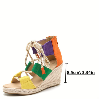 Chic Comfort Wedge Heeled Sandals - Women's Open Toe with Lace-Up Design & Zipper Closure, Casual Espadrille Platform Shoes for Daily Wear