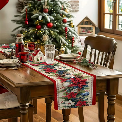 Christmas Poinsettia Linen Table Runner - Red, Festive Winter Decor for Holiday Dining & Kitchen