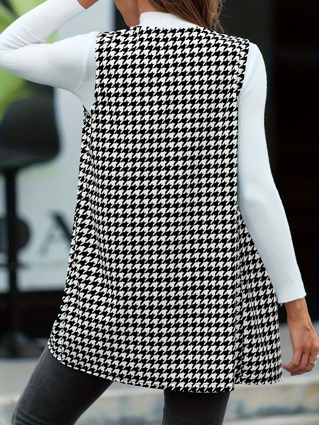 Elegant Houndstooth Print Vest - Sleeveless, Open Front, Chic Spring and Fall Essential for Women's Clothing