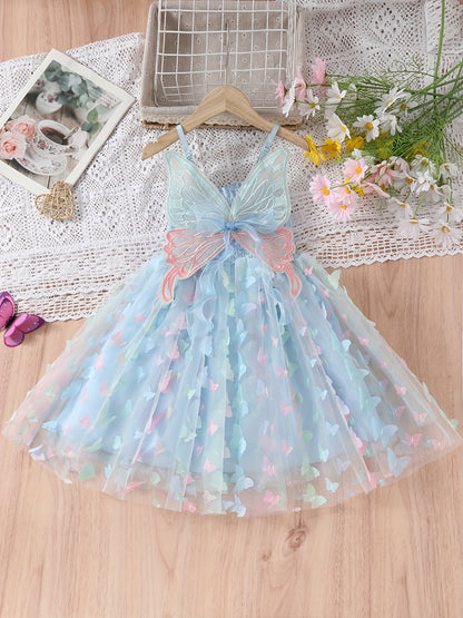 95% Cotton Girls' Princess Cami Dress with Sweet Butterfly Wings & Gradient Tulle - Perfect for Summer Parties & Birthday Celebrations