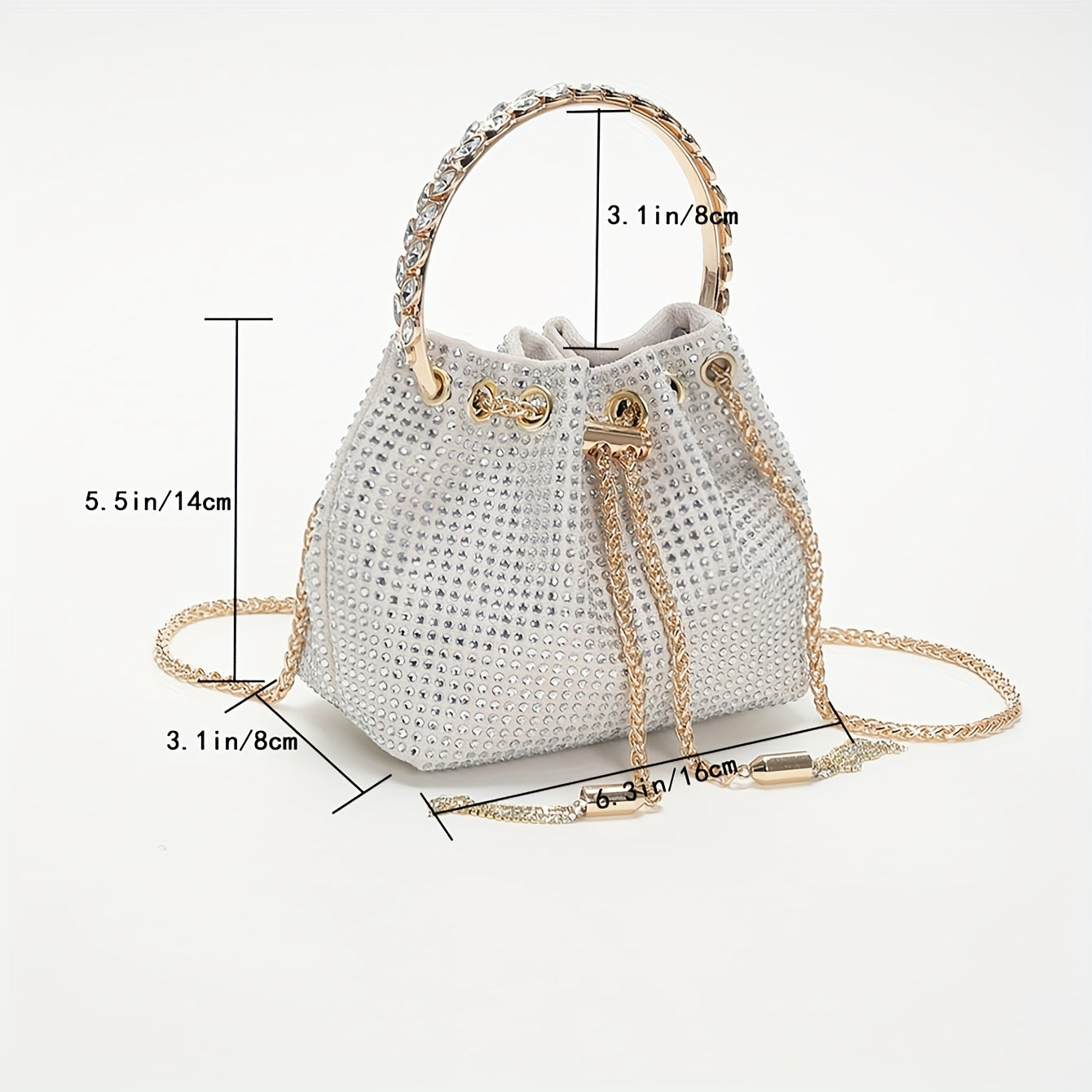 All Over Bright Rhinestone Bucket Bag, Drawstring Small Banquet Satchel Bag, Women's Luxury Dinner Shoulder Chain Bag And For Music Festival