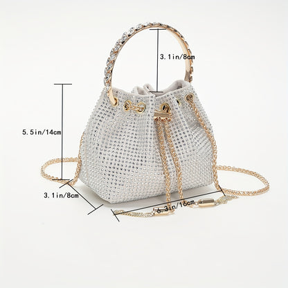 All Over Bright Rhinestone Bucket Bag, Drawstring Small Banquet Satchel Bag, Women's Luxury Dinner Shoulder Chain Bag And For Music Festival