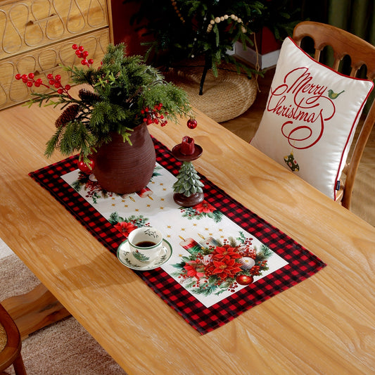 1pc Polyester Christmas Table Runner, Festive Poinsettia & Candle Print, Black & Red Plaid Border, Holiday Table Decor for Home, Family Gatherings, Outdoor Picnics, Kitchen Accessories, Garden Camping, Birthday, Vacation, Wedding Party