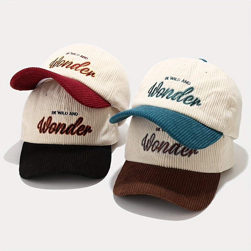 1pc Elegant Unisex Two-Tone Corduroy Baseball Cap with WONDER Embroidery - Stylish Sunshade, Ideal Gift for Outdoor Sports Enthusiasts, Perfect for Casual Wear