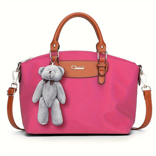 Classic Oxford Cloth Crossbody Bag for Women - Adjustable Strap Nylon Shoulder Purse with Bear Charm