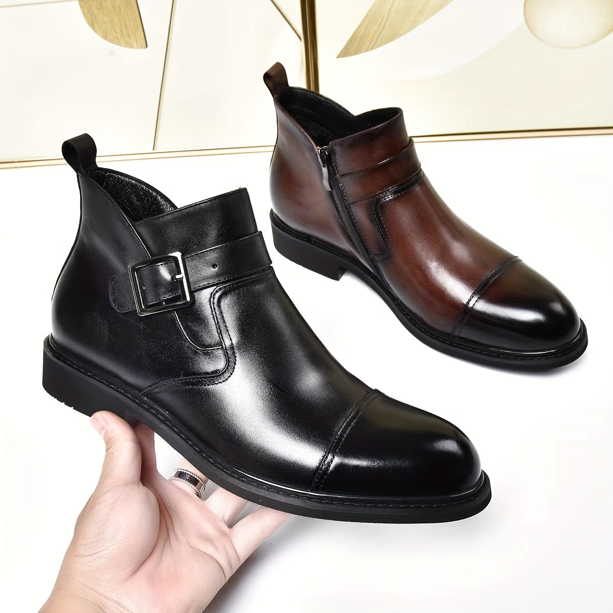 Men's Mid-Top Cap-Toe Ankle Boots - Durable, Zip-Up, Anti-Skid with Buckle, Business Casual, Autumn/Winter Style