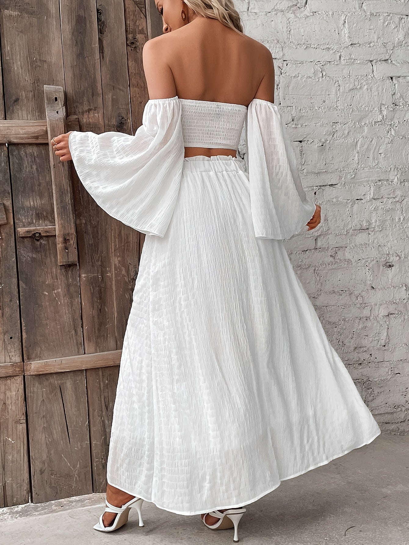 Two-Piece Elegant Skirt Set - Off-The-Shoulder Backless Crop Top with Flare Sleeves and High-Waist Ruffle Trim Split Skirt - Polyester, Machine Washable, Solid Color, Spring/Fall Season, Woven Fabric