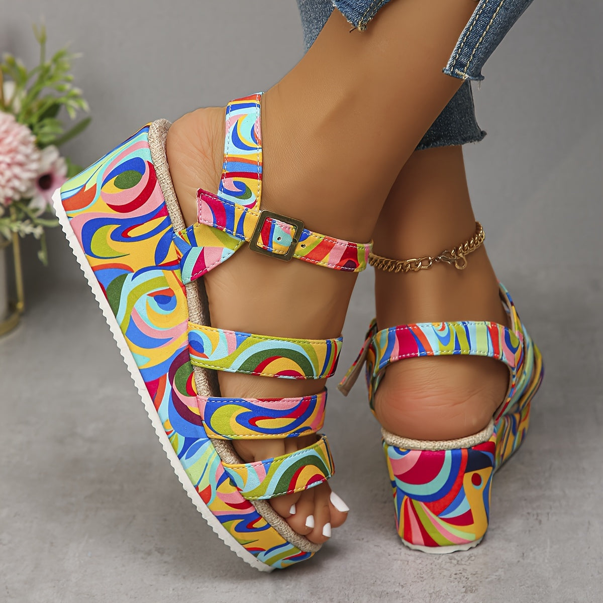 Chic Womens Colorful Wedge Sandals - Comfy Ankle Strap, Casual Open-Toe Design for Everyday Elegance