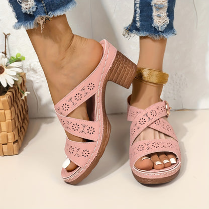 Chunky Heeled Sandals - Unique Hollow Design, Crisscross Buckle Strap, Thick Heel for Women - Perfect Summer Shoes for Casual Outdoor Wear