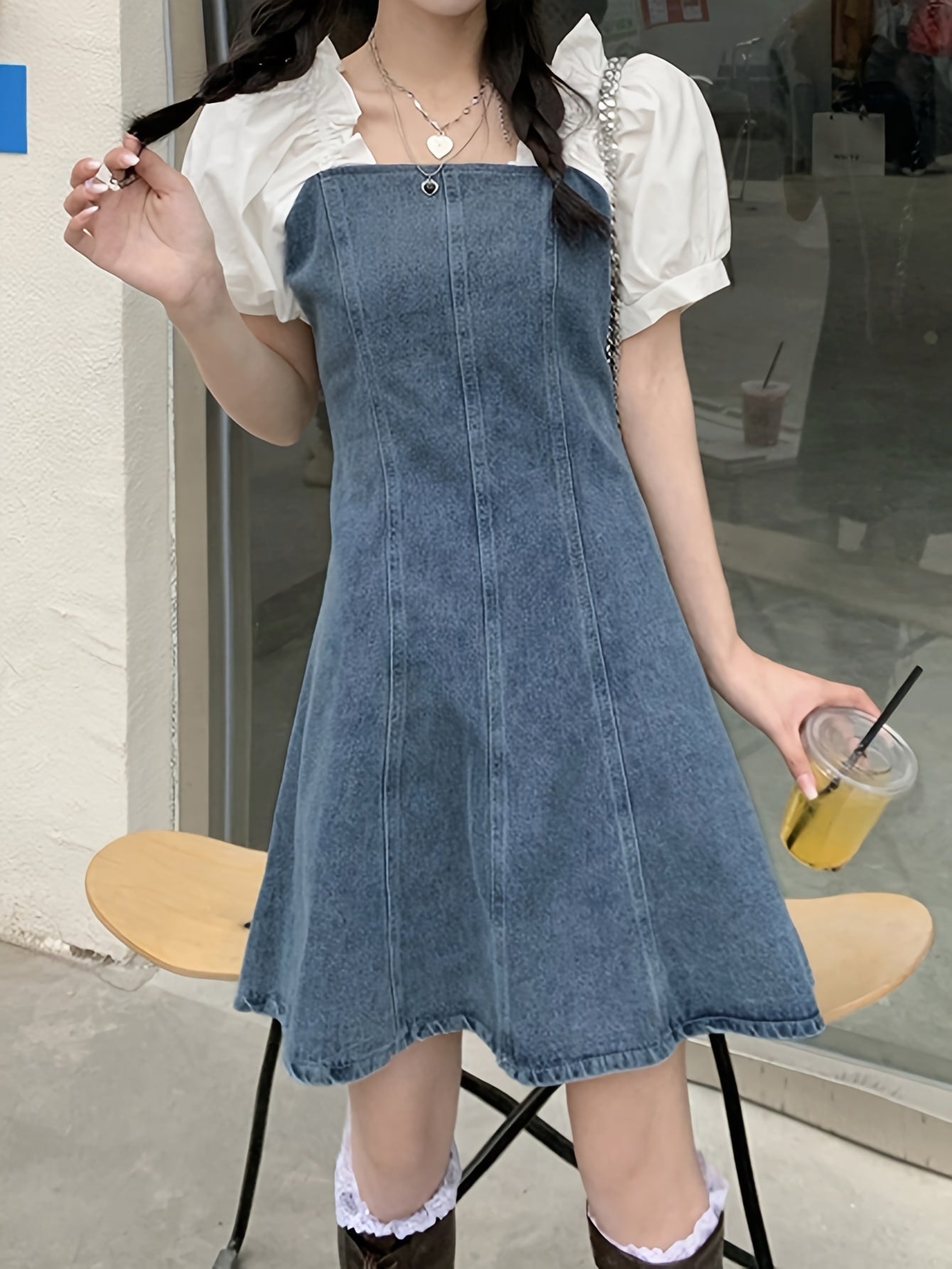 Vibrant Womens Denim Dress - Relaxed Fit, Trendy Patch Puff Sleeve, Short Sleeve, Solid Color, Versatile for Multiple Styling Options - Inspired by Street Fashion, Perfect for Summer Outings