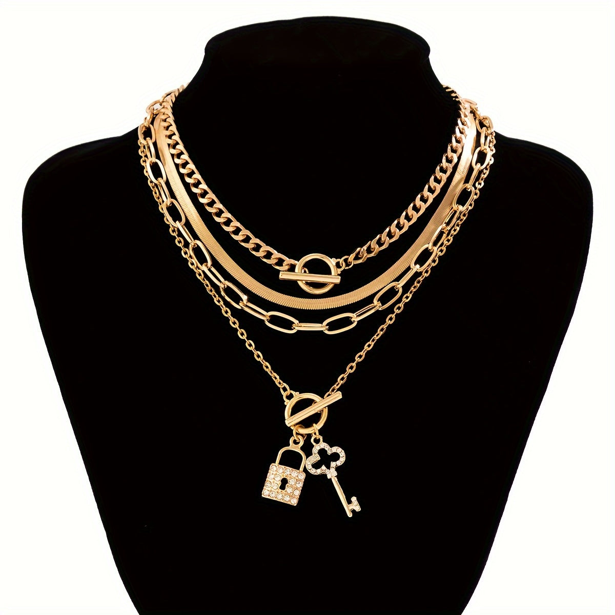 4pcs Vintage Sparkling Snake Chain Necklace Set - Sleek Flat Design with Intricate Rhinestone Key & OT Buckle Pendants - Uniquely Cool Street Style Accessory for Trendsetters