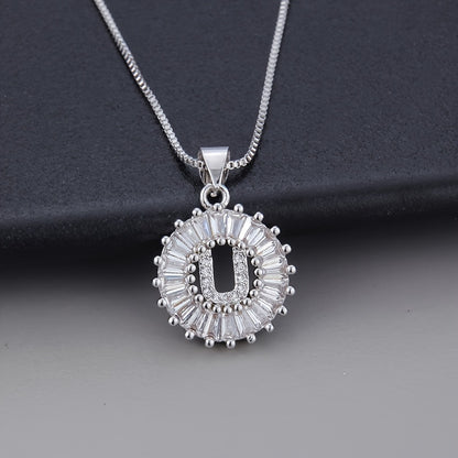 Silver Color Round Small 26 Letters Pendant Necklace Inlaid Zircon Women's Elegant Jewelry Gift