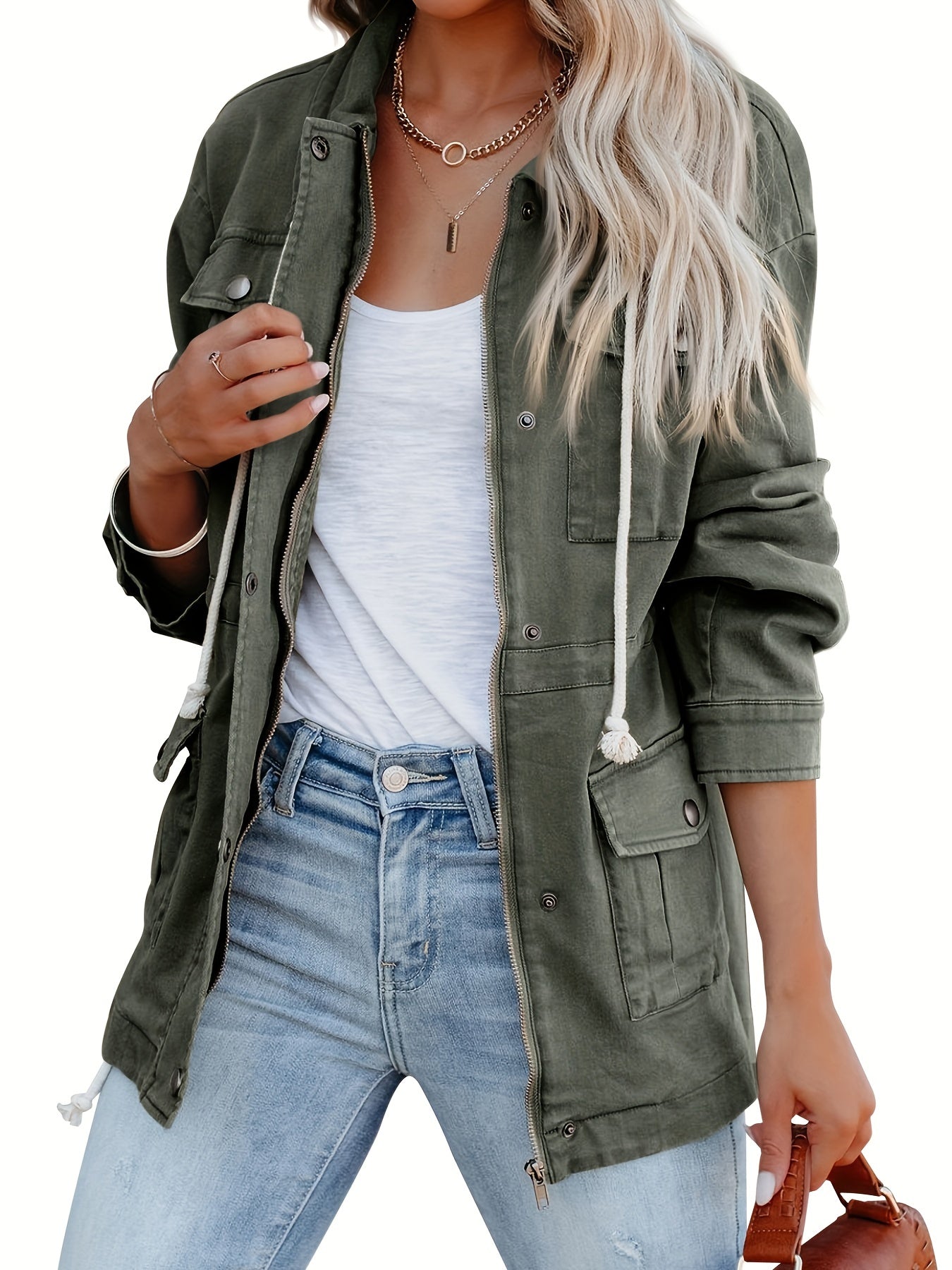 Stylish Women's Military Jacket - Durable, Casual Spring/Fall Outerwear with Button Details, Adjustable Drawstring & Practical Pockets