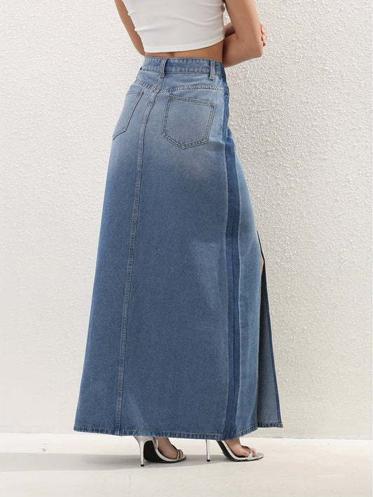 Elegant High Waist Ombre Denim Maxi Skirt with Slit | Versatile & Easy-Care - Perfect for Spring to Fall