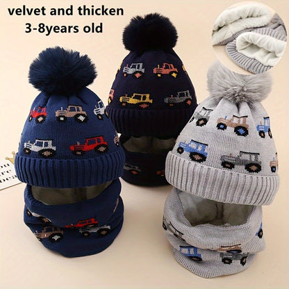 Festive Kids' Knit Hat and Scarf Set: 3-8 Years Old, 16cm/6.3inch Hat, 18cm/7inch Scarf, 19cm/7.48inch Hat, 20cm/7.87inch Scarf, Cartoon Car Pattern, Warm and Cozy, Suitable for Boys 3-14 Years Old