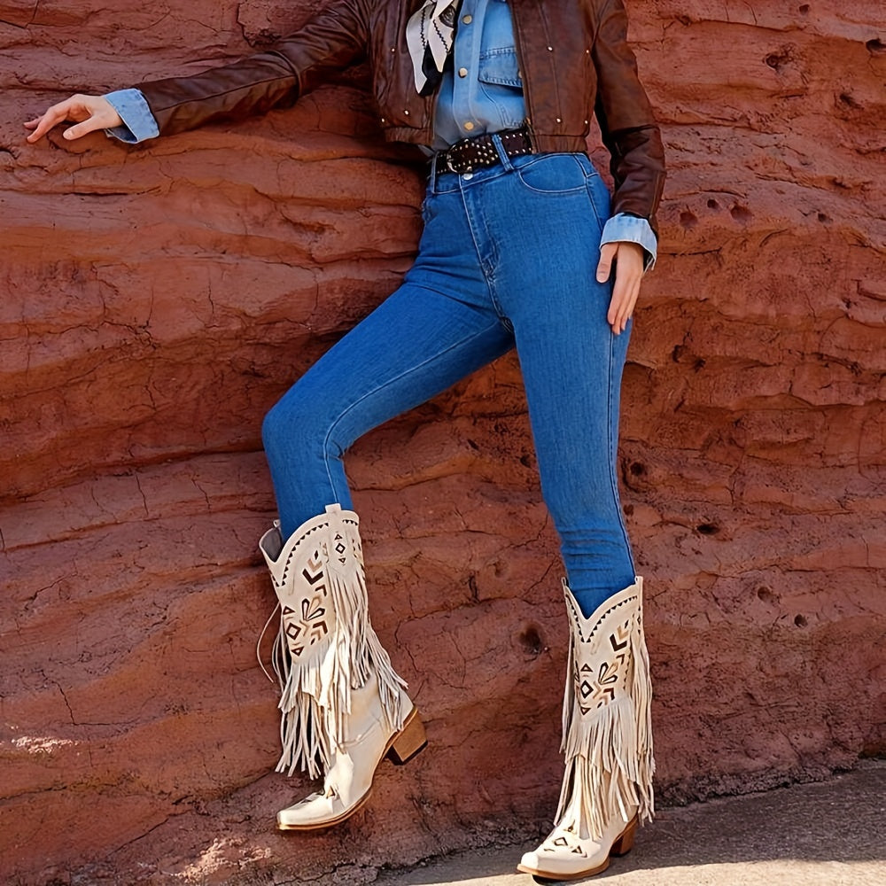 Womens Fashion Western Cowboy Boots - Stylish Mid-Calf, Chunky Heel, Pointed Toe - Premium Faux Leather, Timeless Charm - Maturing Footwear for the Modern Cowgirl