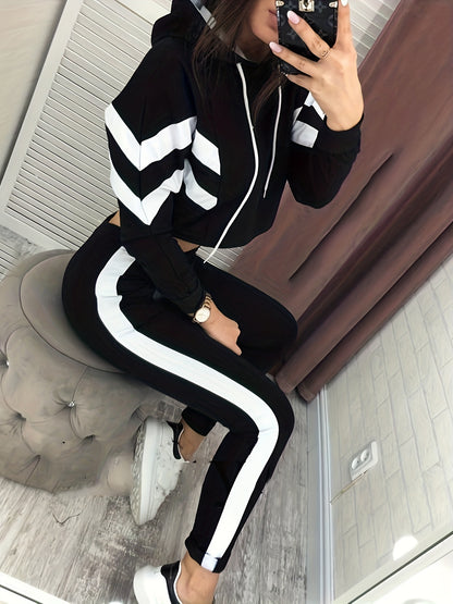 Women's Casual Color Block Hoodie & Slim-Fit Pants Set - Fall/Winter Comfort, Easy-Care Knit Fabric - Chic & Durable