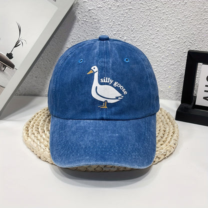 1pc Unisex Sunshade Washed Denim Baseball Cap With Silly Goose Pattern Printed For Outdoor Sport