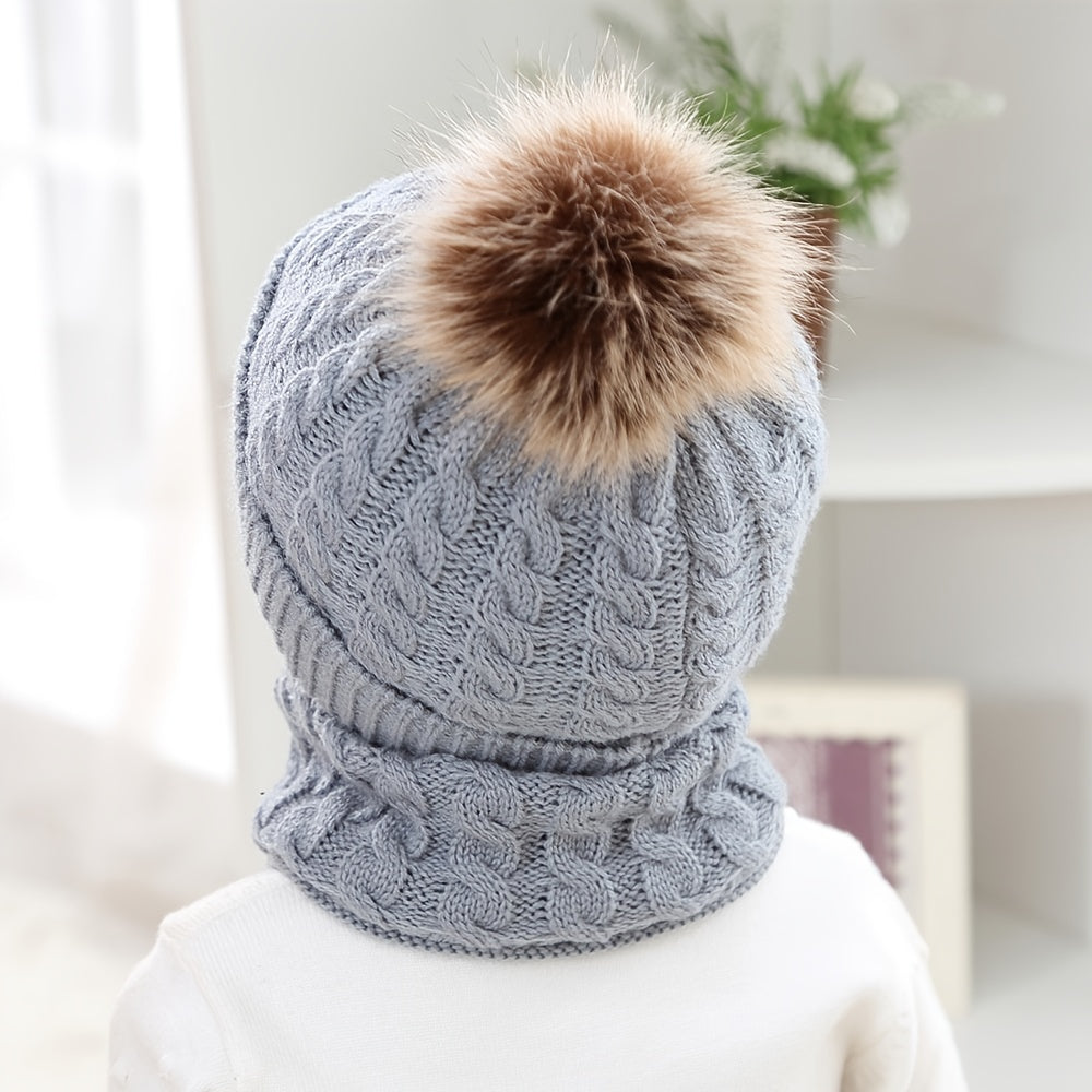 2pcs Baby Beanie Knitted Hat With Pom Pom & Scarf Set Solid Color Warm Winter For Boys And Girls