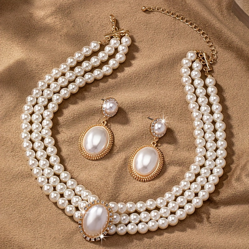 Elegant 14K Gold-Plated Pearl Jewelry Set - Vintage Multi-Layer Necklace & Earrings for Evening & Daily Wear