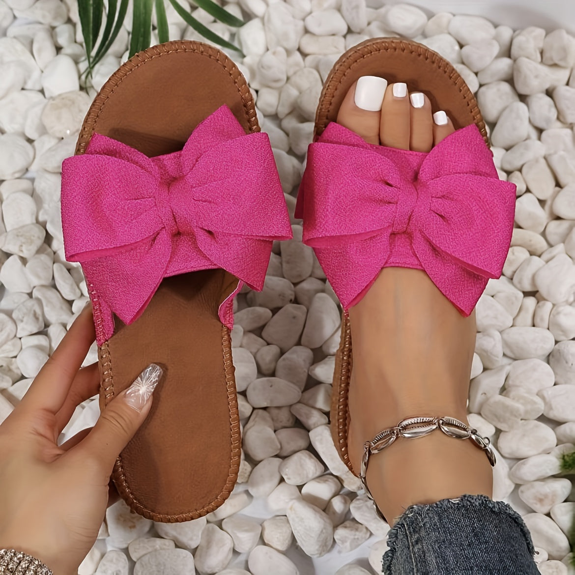 Stylish Bowknot Flat Sandals - Comfy Slip-On Open-Toe Non-Slip Summer Slides with Breathable Design, Soft Insoles, and Adjustable Straps for Women - Perfect Beach Shoes for Vacation and Outdoor Activities