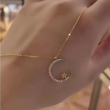 Star Moon Super Sparkle Exquisite Dainty Zircon Ramadan Pendant Necklace, Minimalist Elegant Lovely Versatile Daily Wear Clavicle Chain Jewelry