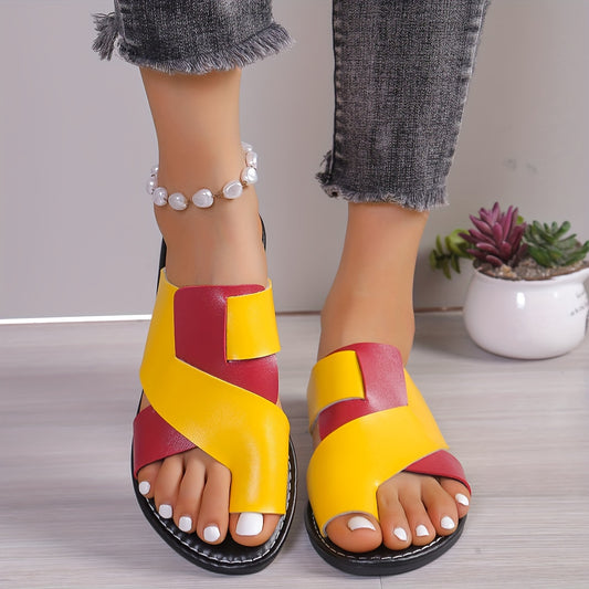 Women's Summer Slide Sandals - Stylish Contrast Color, Comfort Flat Heel, Breathable Open Toe