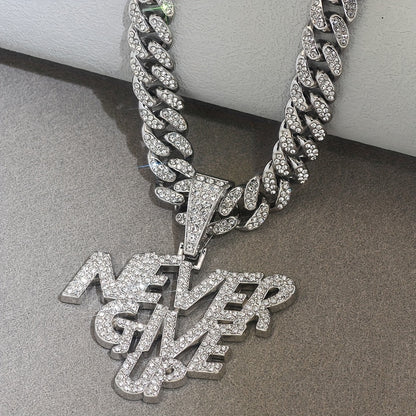 Glittering NEVERGIVEUP Pendant Necklace with Icy Cuban Chain - Trend-Setting Hip Hop Choker for Bold Men and Women