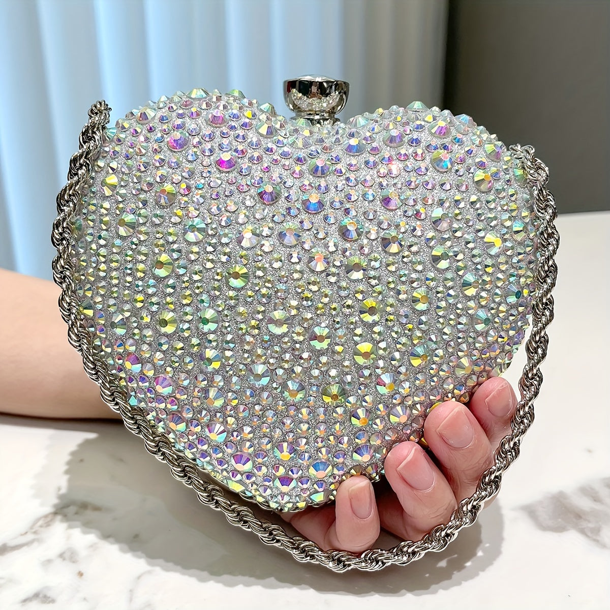 Rhinestone Heart-Shaped Clutch Purse, Fashionable Evening Bag With Chain Strap, Glittering Elegant Handbag For Parties, Prom, Weddings