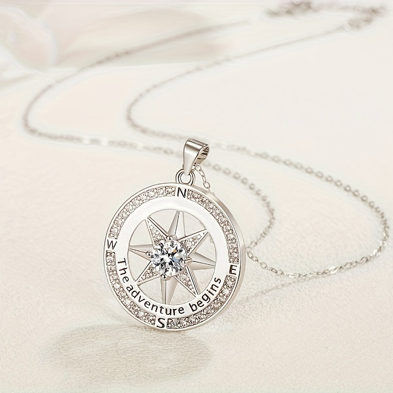 925 Sterling Silver Compass Necklace With Zircon Decor, Luxury Round Charm Jewelry Gifts For Women With Gift Box