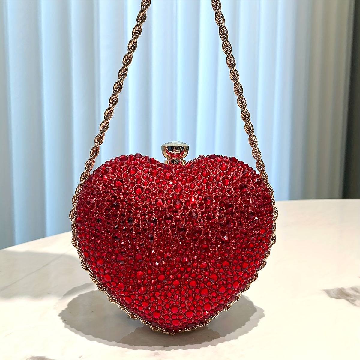 Rhinestone Heart-Shaped Clutch Purse, Fashionable Evening Bag With Chain Strap, Glittering Elegant Handbag For Parties, Prom, Weddings