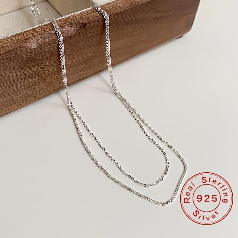 925 Sterling Silver Double Layer Chain Necklace Sparkling Silver Color Chain Simple Necklace