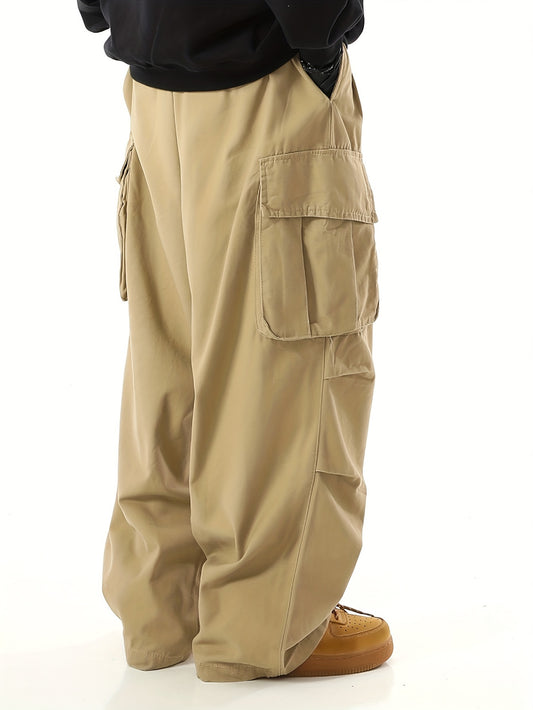 Relaxed Fit Streetwear Cargo Pants for Men - Comfortable Drawstring Waist, Multiple Functional Pockets, All-Season Outdoor and Leisure Wear, Ideal for Work and Daily Life