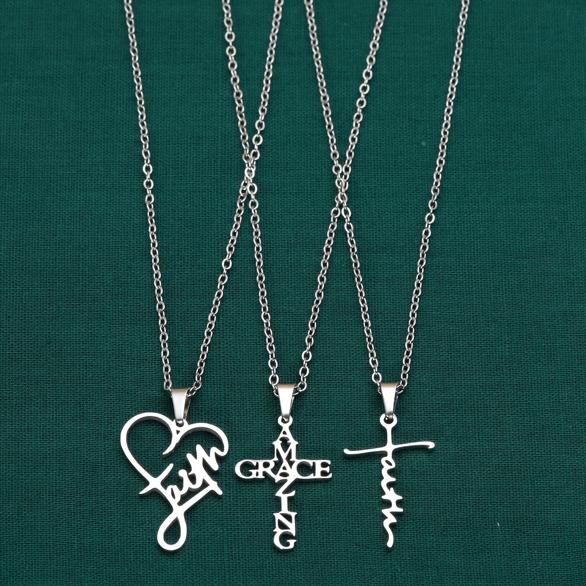 3pcs Stainless Steel Christian Faith Words Pendant Necklace, Unisex Couple Jewelry Gift