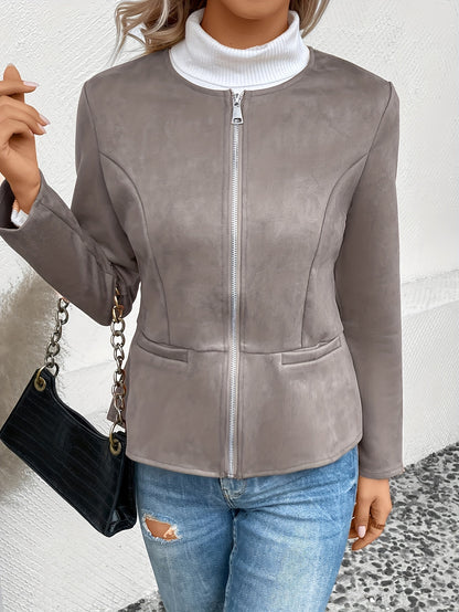 Womens Solid Zip-up Tunic Jacket - Fashionable Warmth with Stylish Zipper - Perfect for Fall & Winter - Long Sleeve Casual Wear