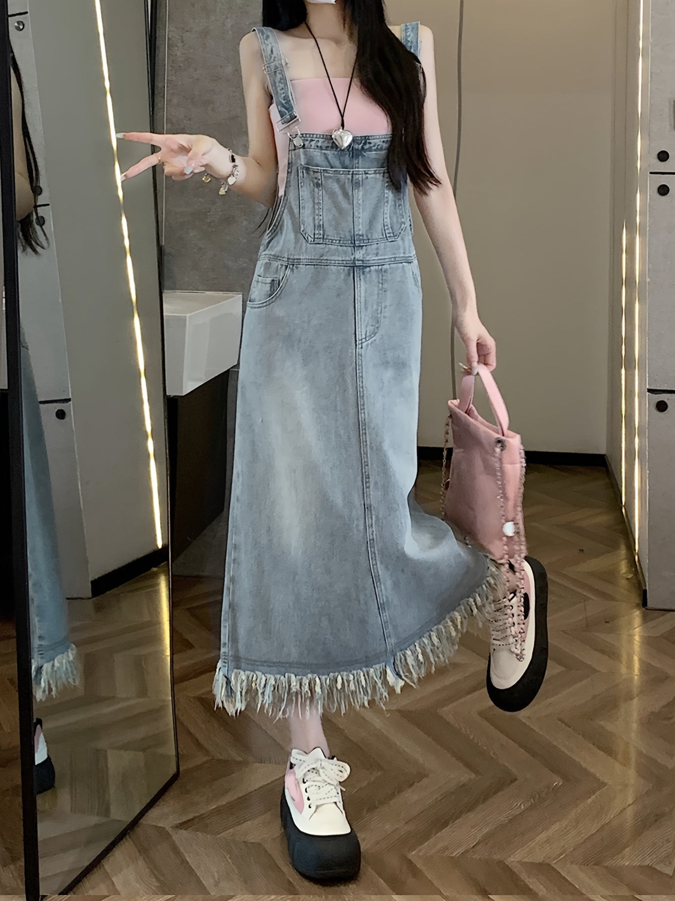 Raw Trim Washed Denim Overall Dress, Non-Stretch Casual Denim Dress, Women's Denim Clothing