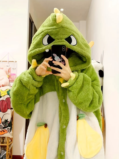 Cute Cartoon Dinosaur Fleece Thickened Night Robe For Fall & Winter, Long Sleeve Hooded Buttons Robe With Pockets, Women's Sleepwear & Dresses