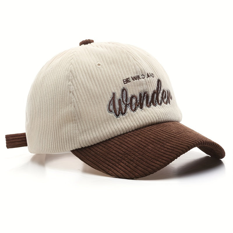 1pc Elegant Unisex Two-Tone Corduroy Baseball Cap with WONDER Embroidery - Stylish Sunshade, Ideal Gift for Outdoor Sports Enthusiasts, Perfect for Casual Wear