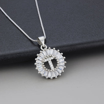 Silver Color Round Small 26 Letters Pendant Necklace Inlaid Zircon Women's Elegant Jewelry Gift