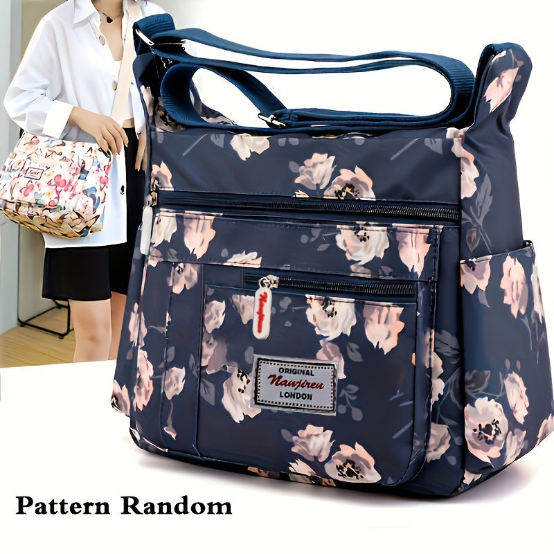 Floral Pattern Crossbody Bag - Water-Resistant Nylon Shoulder Bag with Multiple Pockets, Polyester Lining, and Zipper Closure - Perfect Mothers Day Gift for Mom or Any Occasion