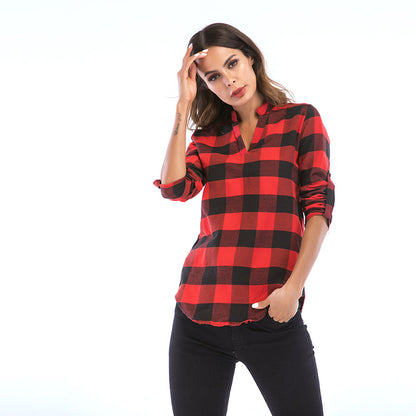 LOVECCR Pass autumn women's clothing new plaid shirt women's long-sleeved Popular trade 2025 small V-neck shirt slim top women's wholesale